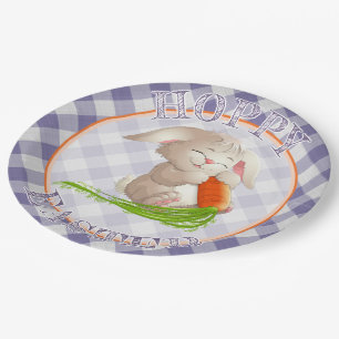 Assiettes En Carton Heureux Bunny de Pâques violet En vichy Motif