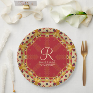 Assiettes En Carton Hexagon Love Red Gold Monogramme Nom personnalisé