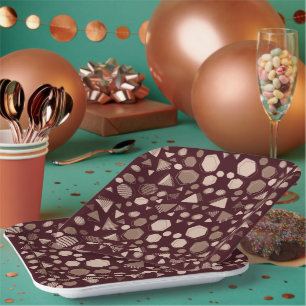 Assiettes En Carton Hexagon & Triangle Rose & Brown sur Motif Maroon
