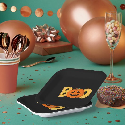 Assiettes En Carton Hey Boo Cute Citrouille Typographie Dessin Art (Multi)
