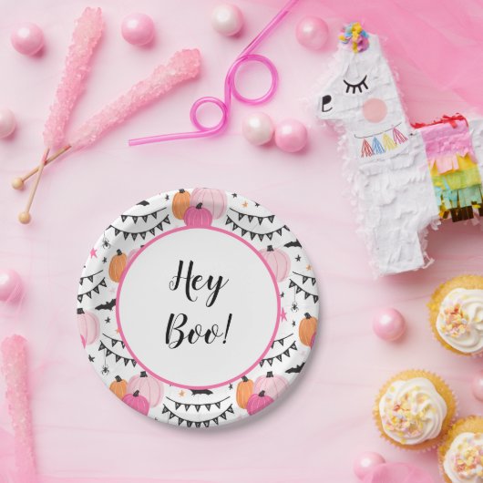 Assiettes En Carton Hey Boo Plaques de papier rose Halloween Party (Fête)