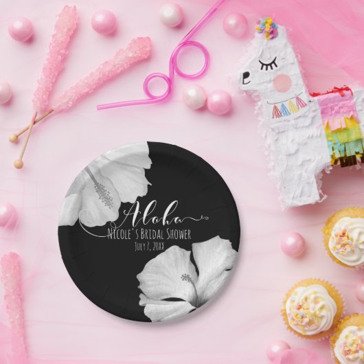 Assiettes En Carton Hibiscus blanc Mariage tropical noir Aloha (Fête)