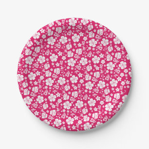 Assiettes En Carton Hibiscus blanc sur Hot Pink Tropical Hawaiian