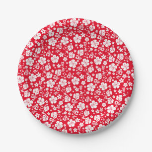 Assiettes En Carton Hibiscus blanc sur Red Tropical