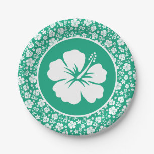 Assiettes En Carton Hibiscus blanc tropical sur vert
