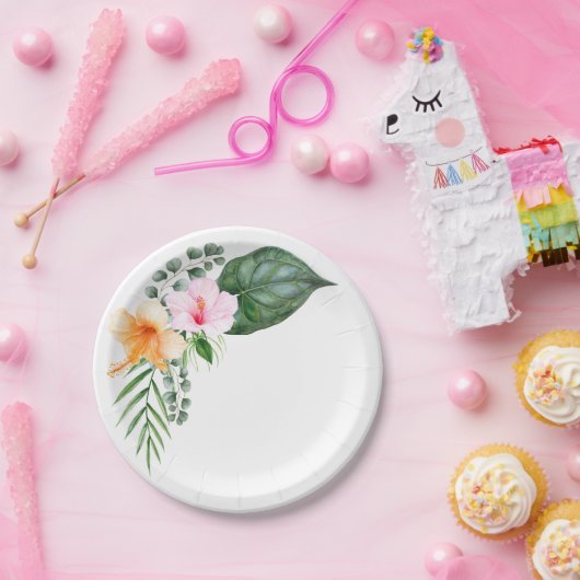 Assiettes En Carton Hibiscus d'aquarelle et feuillage tropical (Fête)