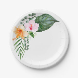 Assiettes En Carton Hibiscus d'aquarelle et feuillage tropical