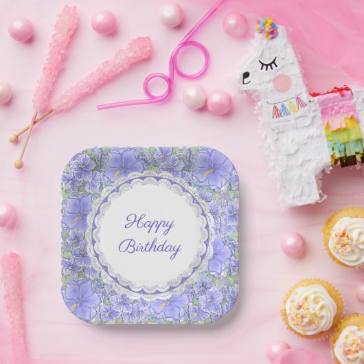 Assiettes En Carton Hibiscus & dentelle BLEU (Fête)