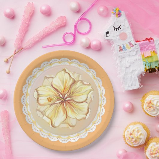 Assiettes En Carton Hibiscus & dentelle JAUNE (Fête)