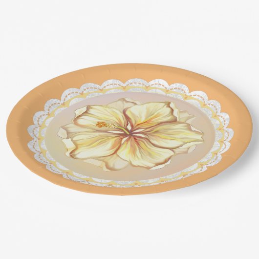 Assiettes En Carton Hibiscus & dentelle JAUNE (Angle)