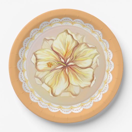 Assiettes En Carton Hibiscus & dentelle JAUNE (Devant)