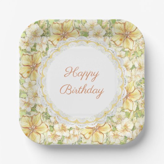 Assiettes En Carton Hibiscus & dentelle JAUNE (Recto)