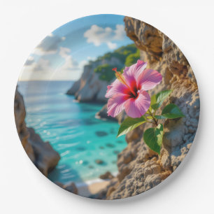 Assiettes En Carton Hibiscus rose sur une falaise rocheuse