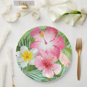 Assiettes En Carton Hibiscus rose Tropical