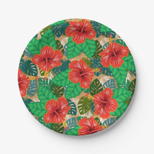 Assiettes En Carton Hibiscus rouge hawaïen Luau Mariage (Devant)