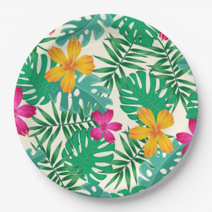 Assiettes En Carton Hibiscus tropical et feuilles de palmier. Été côti