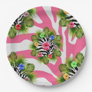Assiettes En Carton Hibiscus tropical et rayures exotiques de zèbre ro