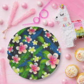 Assiettes En Carton Hibiscus Tropical Plaques Papier Rose Et Jaune (Fête)