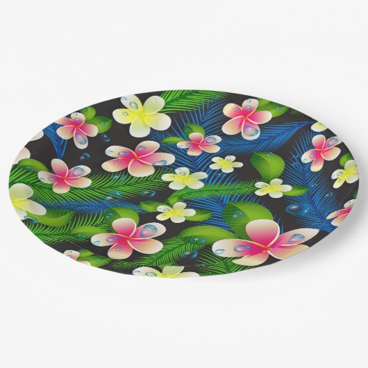Assiettes En Carton Hibiscus Tropical Plaques Papier Rose Et Jaune (Angle)