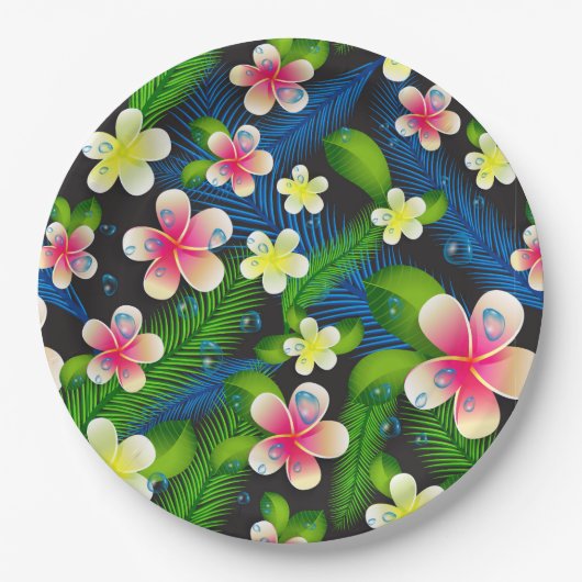 Assiettes En Carton Hibiscus Tropical Plaques Papier Rose Et Jaune (Devant)
