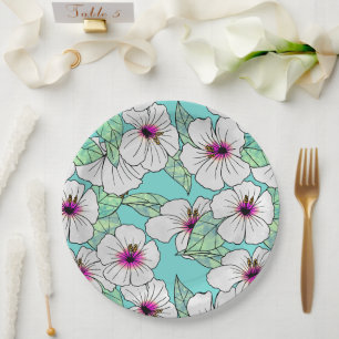 Assiettes En Carton Hibiscus tropical rose et blanc Motif floral