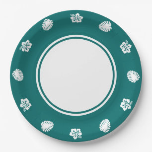 Assiettes En Carton Hibiscus tropicaux en plaque de papier Turquoise