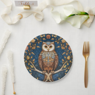 Assiettes En Carton Hibou sur une branche bleu automne arrière - plan 