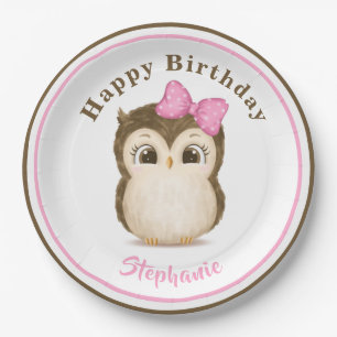 Assiettes En Carton Hibou Woodland Aquarelle rose Nom de l'anniversair