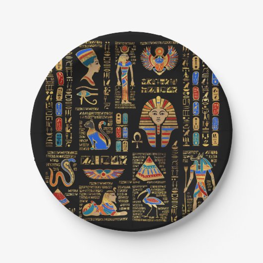 Assiettes En Carton Hiéroglyphes et divinités égyptiens en noir (Devant)