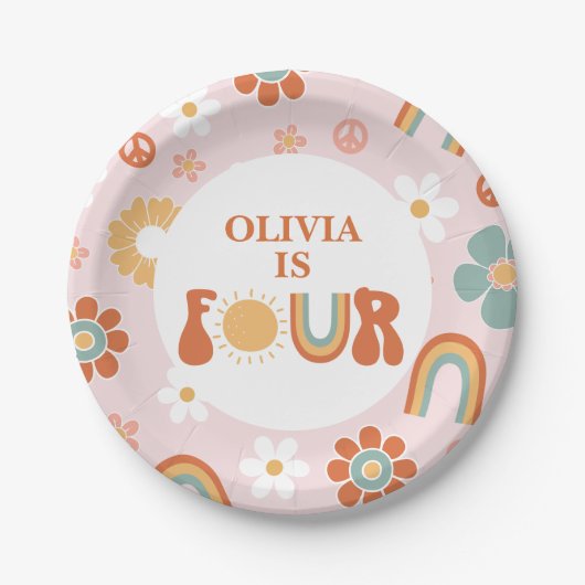 Assiettes En Carton Hippie Rainbow Super 4e anniversaire (Devant)