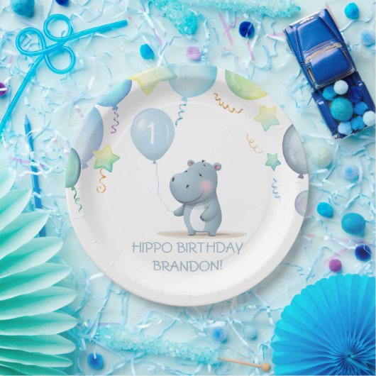 Assiettes En Carton Hippo Anniversaire doux bleu simple plaque papier (Fête)