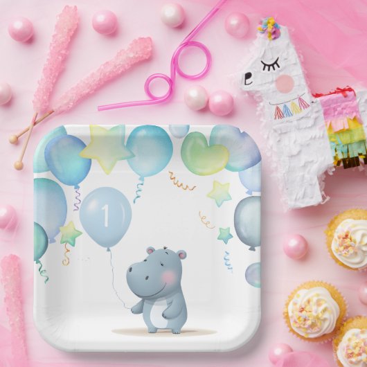 Assiettes En Carton Hippo Anniversaire doux bleu simple serviettes (Fête)
