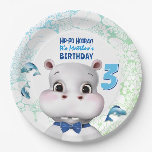 Assiettes En Carton Hippo Blue Fish Boy Anniversaire (Devant)