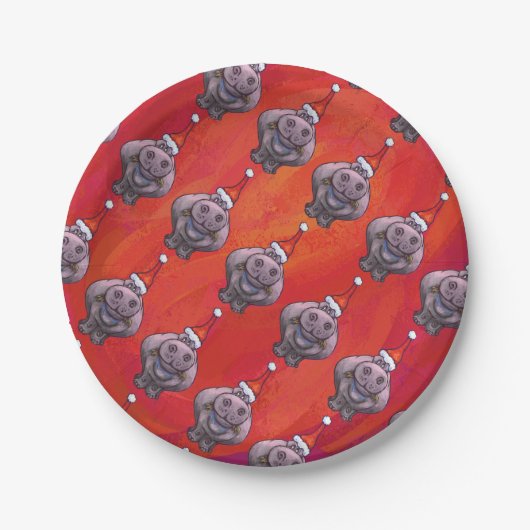 Assiettes En Carton Hippo mignon à Santa Hat Motif en rouge (Devant)