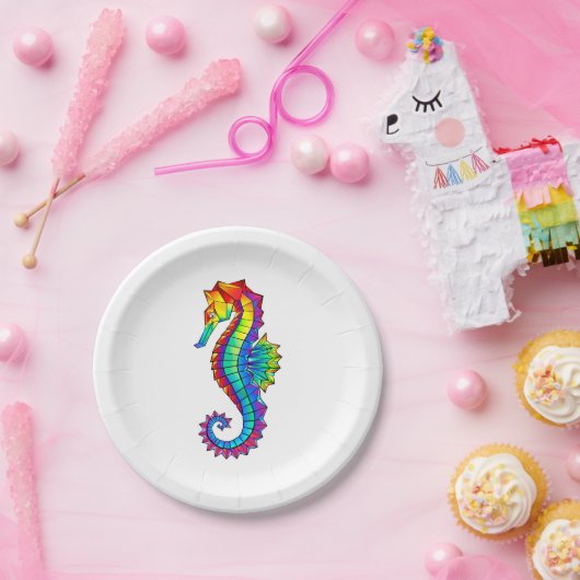 Assiettes En Carton Hippocampe polygonal arc-en-ciel (Fête)