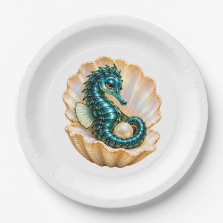 Assiettes En Carton Hippocampe Turquoise dans Coquille de Perle Fête O