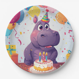 Assiettes En Carton Hippopotame adorable célébrant son anniversaire av