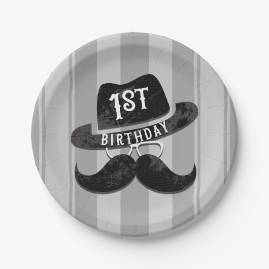 Assiettes En Carton Hipster Mr Mustache Casquette lunettes 1er anniver (Devant)