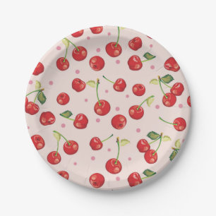 Assiettes En Carton Hipster, rétro, cerise, motif, rouge, rose, pâle,