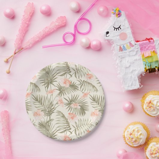 Assiettes En Carton Hisbiscus Tropical Palm Tree Motif (Fête)