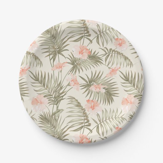 Assiettes En Carton Hisbiscus Tropical Palm Tree Motif (Devant)