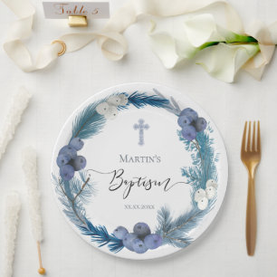 Assiettes En Carton hiver Baptême bleu couronne Plaques en papier