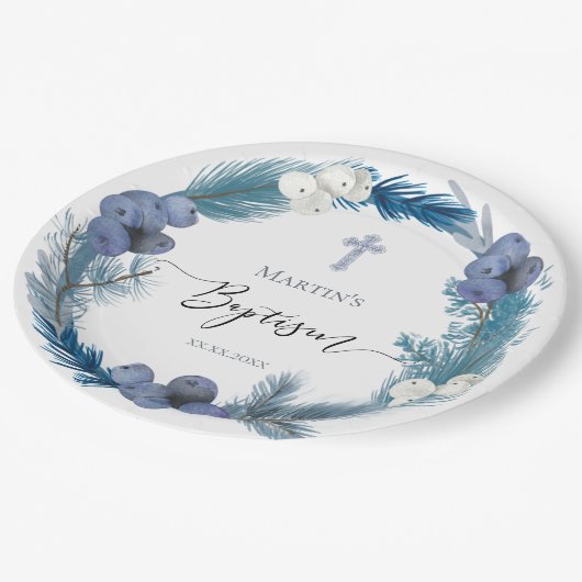 Assiettes En Carton hiver Baptême bleu couronne Plaques en papier (Angle)