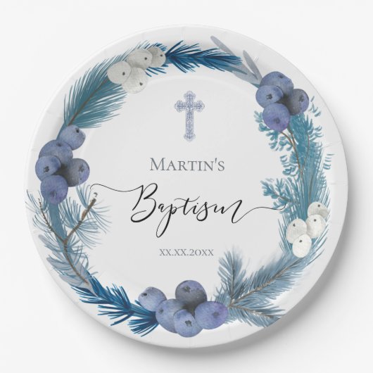 Assiettes En Carton hiver Baptême bleu couronne Plaques en papier (Devant)