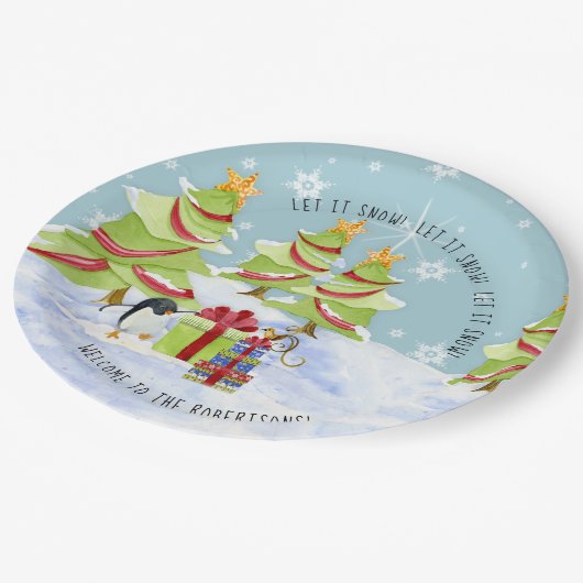 Assiettes En Carton Hiver Laisser neiger Noël Arbres Penguin Nom (Angle)