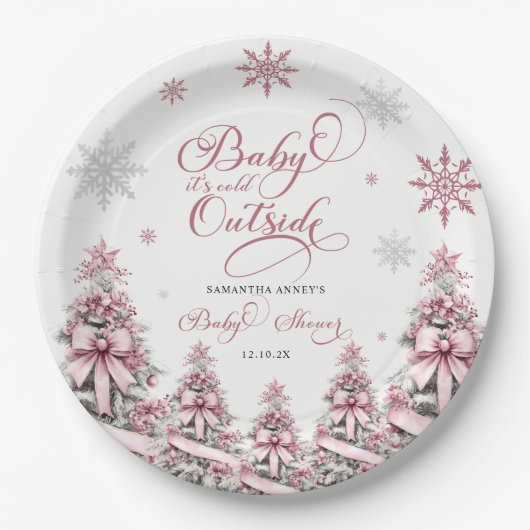 Assiettes En Carton Hiver Noël Arbres Snowflakes Baby shower rose (Devant)