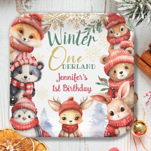 Assiettes En Carton Hiver ONE derland Animaux Noël 1er anniversaire