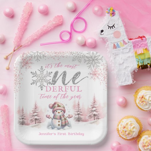 Assiettes En Carton Hiver ONE derland Fille rose Noël 1er anniversaire (Fête)