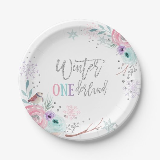 Assiettes En Carton Hiver ONE derland Parties scintillant d'argent ros (Devant)