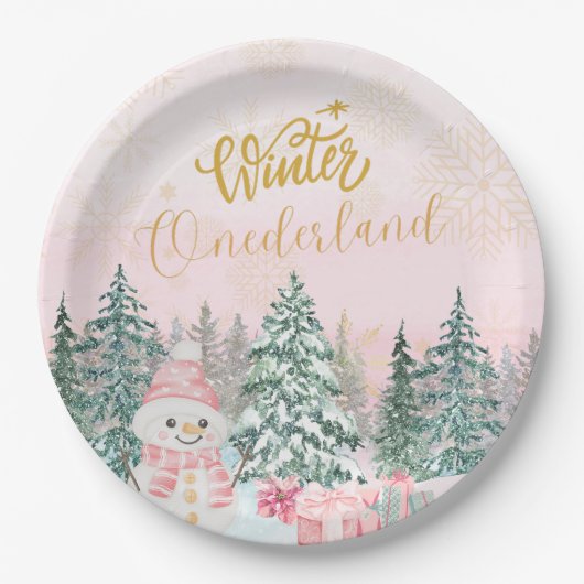 Assiettes En Carton Hiver ONE derland Snowman Girl 1er anniversaire ro (Devant)